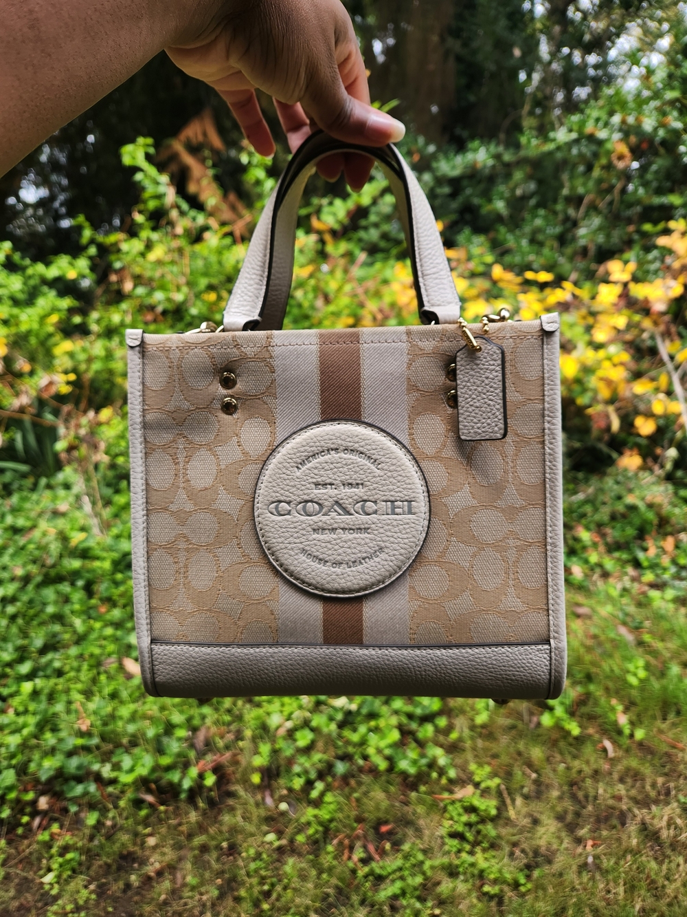 Coach Dempsey 22 Beige Signature Canvas Tote with Leather Trim